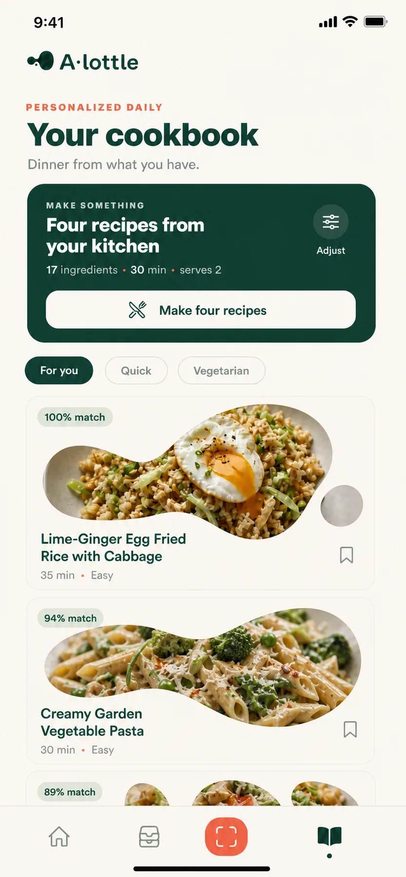 Alottle personalized cookbook with masked recipe cards and generation controls.