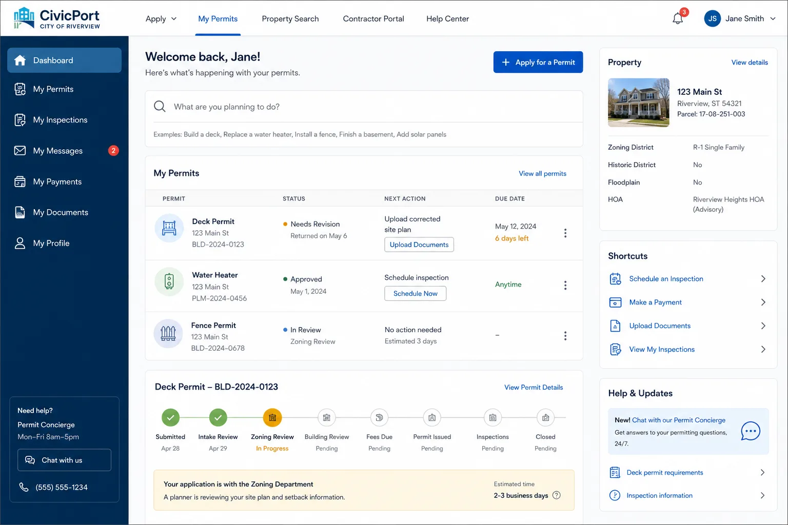 CivicPort resident dashboard showing requests and useful municipal updates.