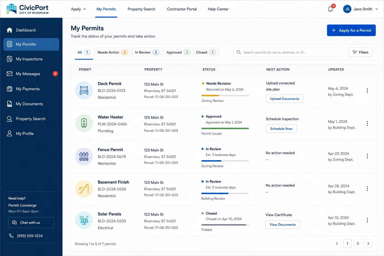CivicPort permit workflow with clear steps and application status.